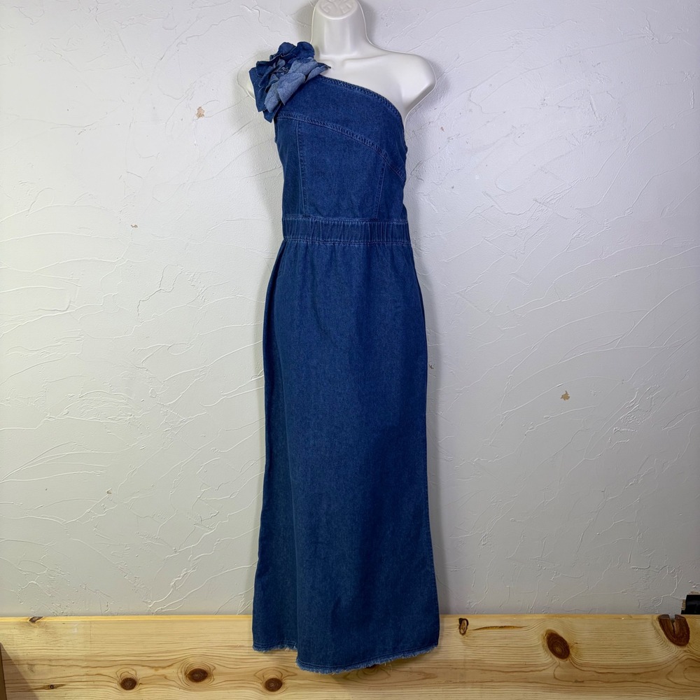 OYROSY Denim Maxi Dress Womens S One Shoulder Rosette Blue Jean Frayed Hem Boho
